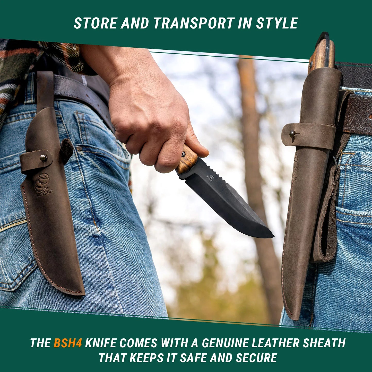 BeaverCraft BSH4 Carbon Steel Bushcraft Knife Walnut Handle with Leather Sheath