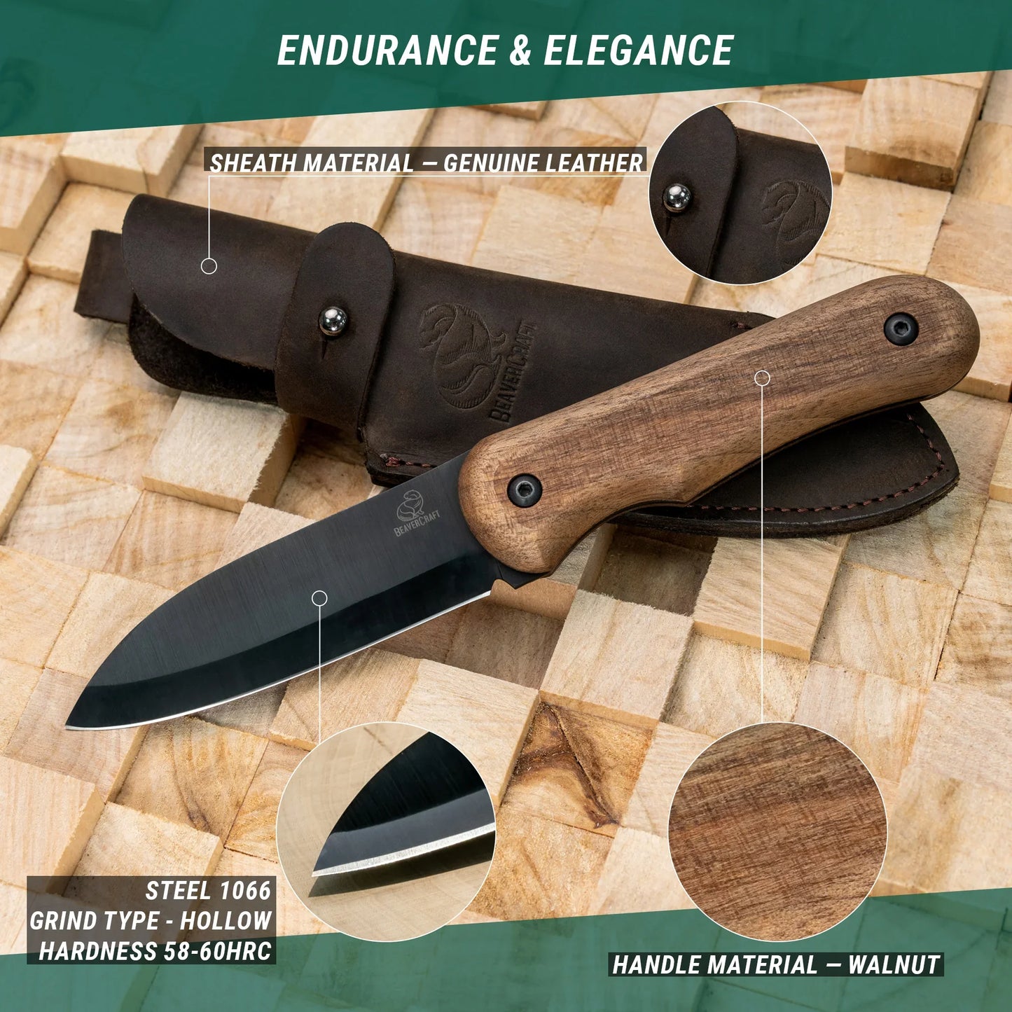 BeaverCraft BSH5 Carbon Steel Blued Blade Bushcraft Knife Walnut Handle with Leather Sheath