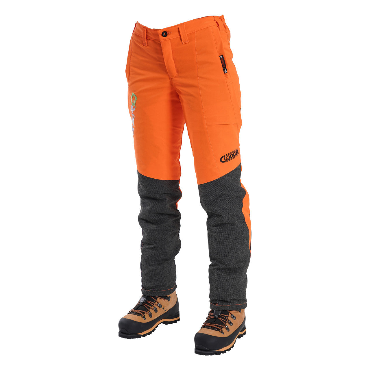 Clogger Women's Orange Zero Gen2 Trousers Front And 360 Calf Protection UL Cert