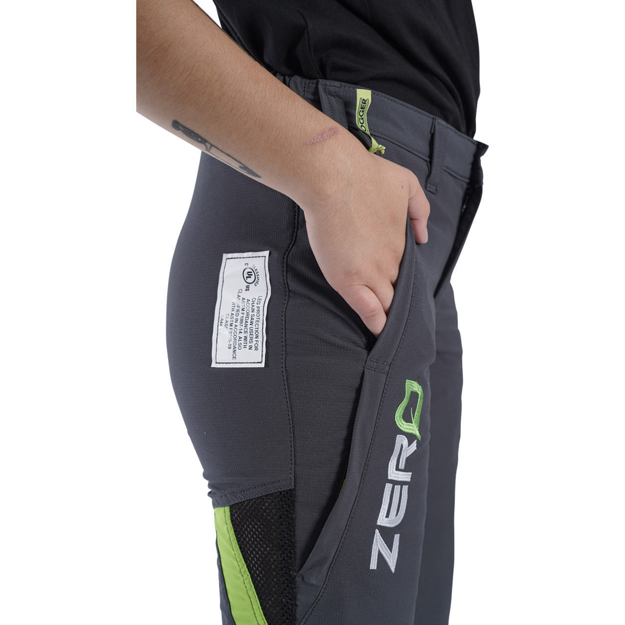 Clogger Grey/Green Women's Zero Gen2 Trousers Front And 360 Calf Protection UL Cert