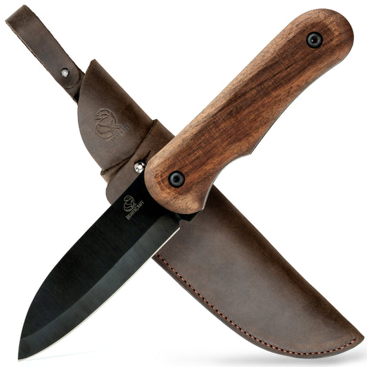 BeaverCraft BSH5 Carbon Steel Blued Blade Bushcraft Knife Walnut Handle with Leather Sheath