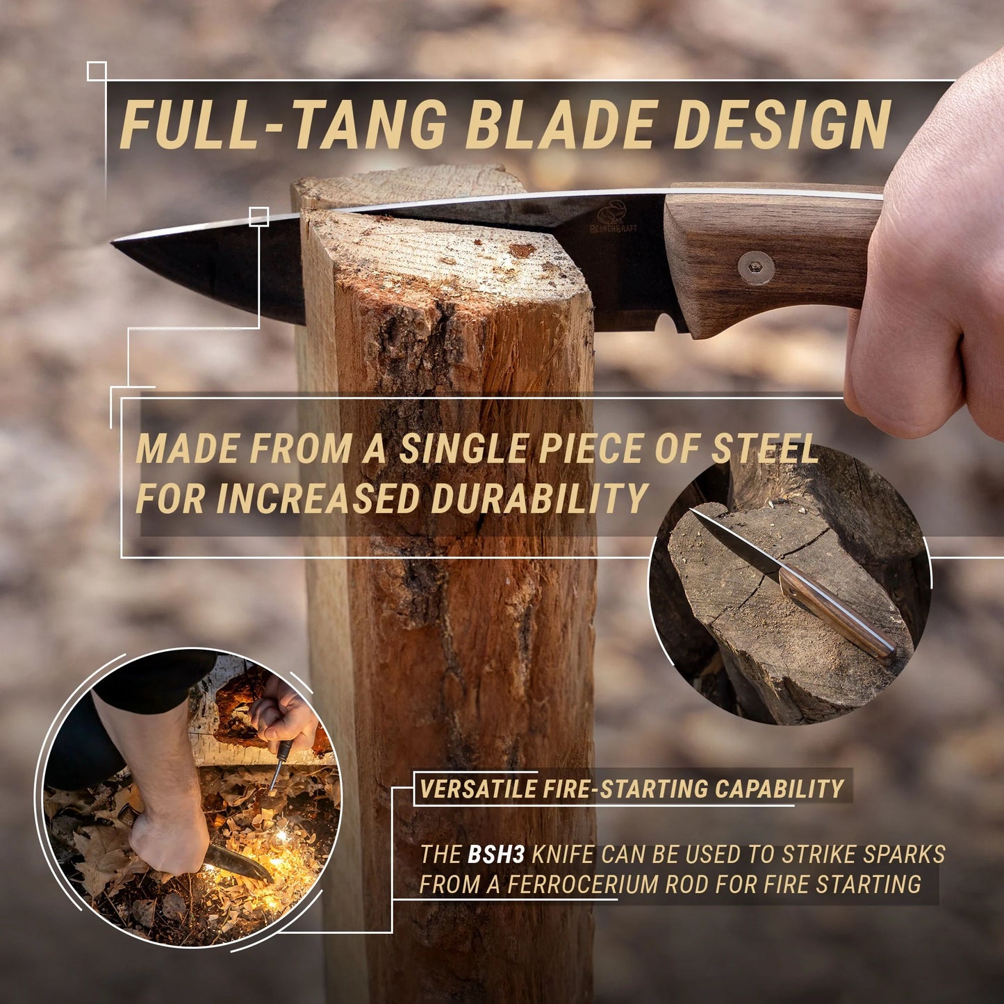 BeaverCraft BSH3 Carbon Steel Fixed Blade Bushcraft Knife Walnut Handle with Leather Sheath