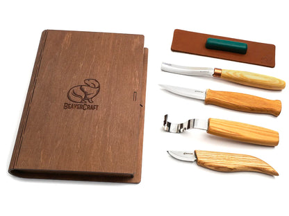 BeaverCraft S43 book - Spoon and Kuksa Carving Professional Set with Knives and Strop in a Book Case