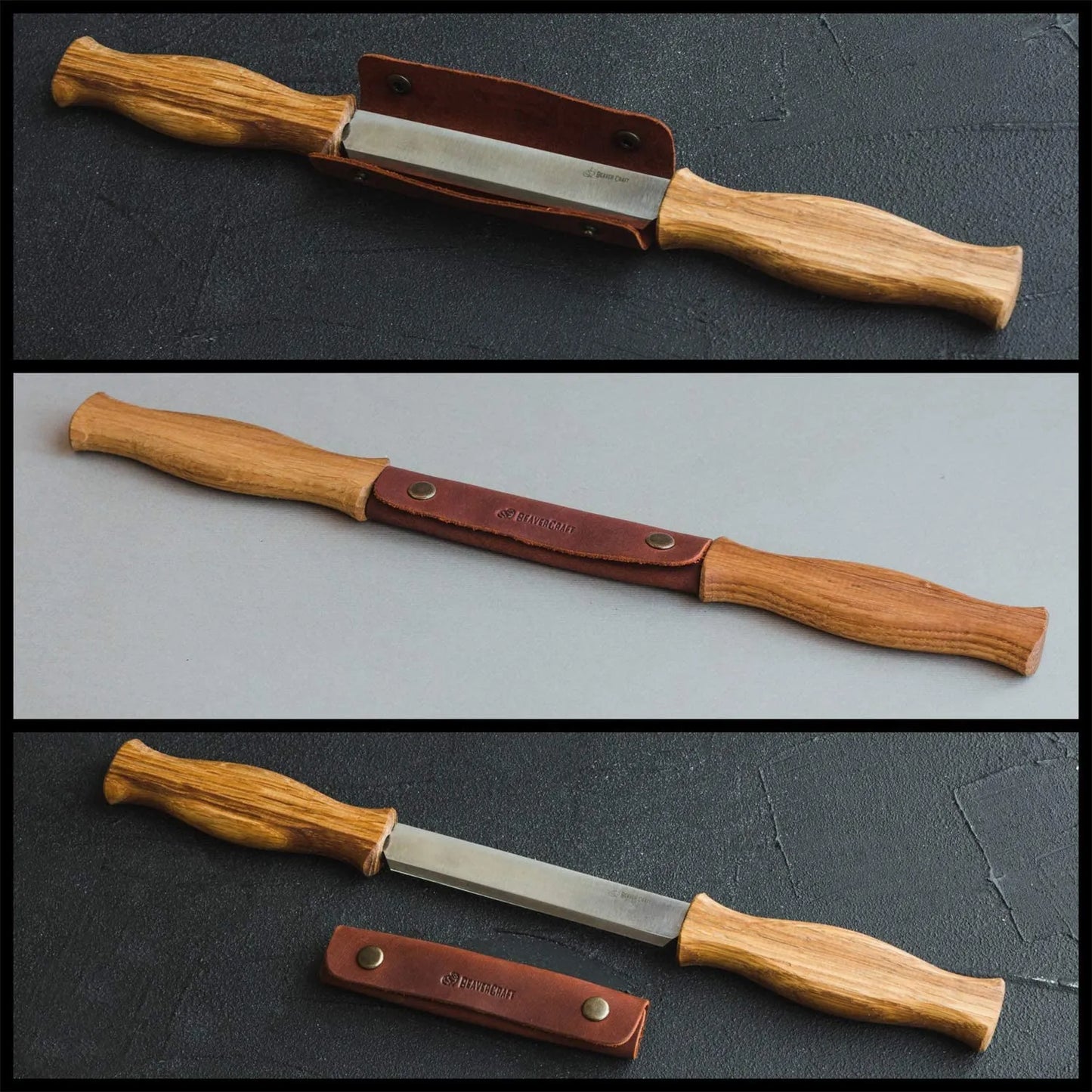 BeaverCraft DK1S Wood Carving Drawknife with Oak Handle in Leather Sheath