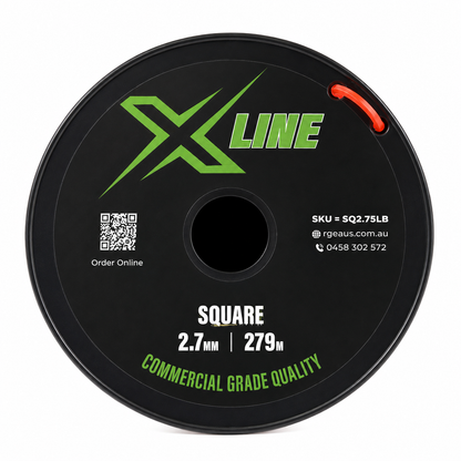 X-LINE 2.7mm Square Textured Commercial Grade Brushcutter Trimmer Line 279m Spool - label close-up