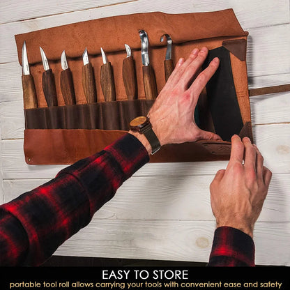 BeaverCraft S18X Extended Wood Carving Tool Set (8 tools with Walnut Handles) in Genuine Leather Roll