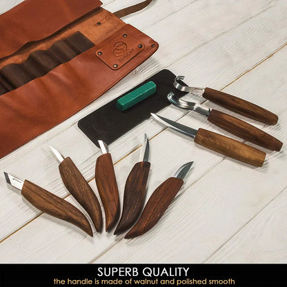 BeaverCraft S18X Extended Wood Carving Tool Set (8 tools with Walnut Handles) in Genuine Leather Roll
