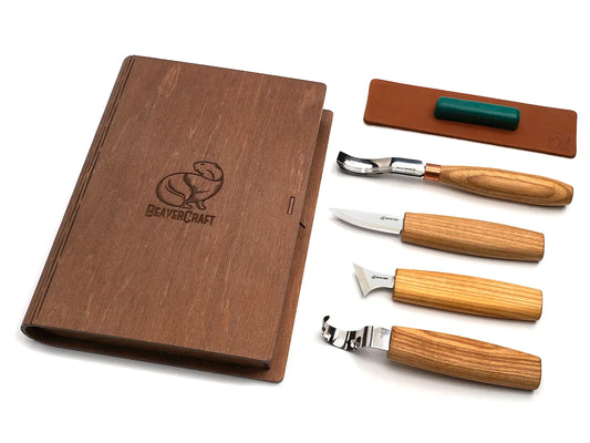 BeaverCraft S19 book Spoon Wood Carving Set of 4 Tools in a Book Case