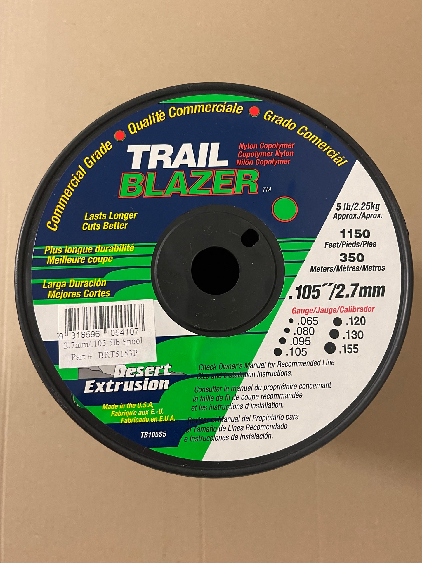 TRAIL BLAZER BRUSHCUTTER ROUND TRIMMER LINE .105" / 2.70MM SPOOL LENGTH 350M / BRT5153P
